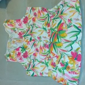 J Crew Women's Sleeveless Peplum V-Neck Linen Blend Pink Hibiscus Blouse